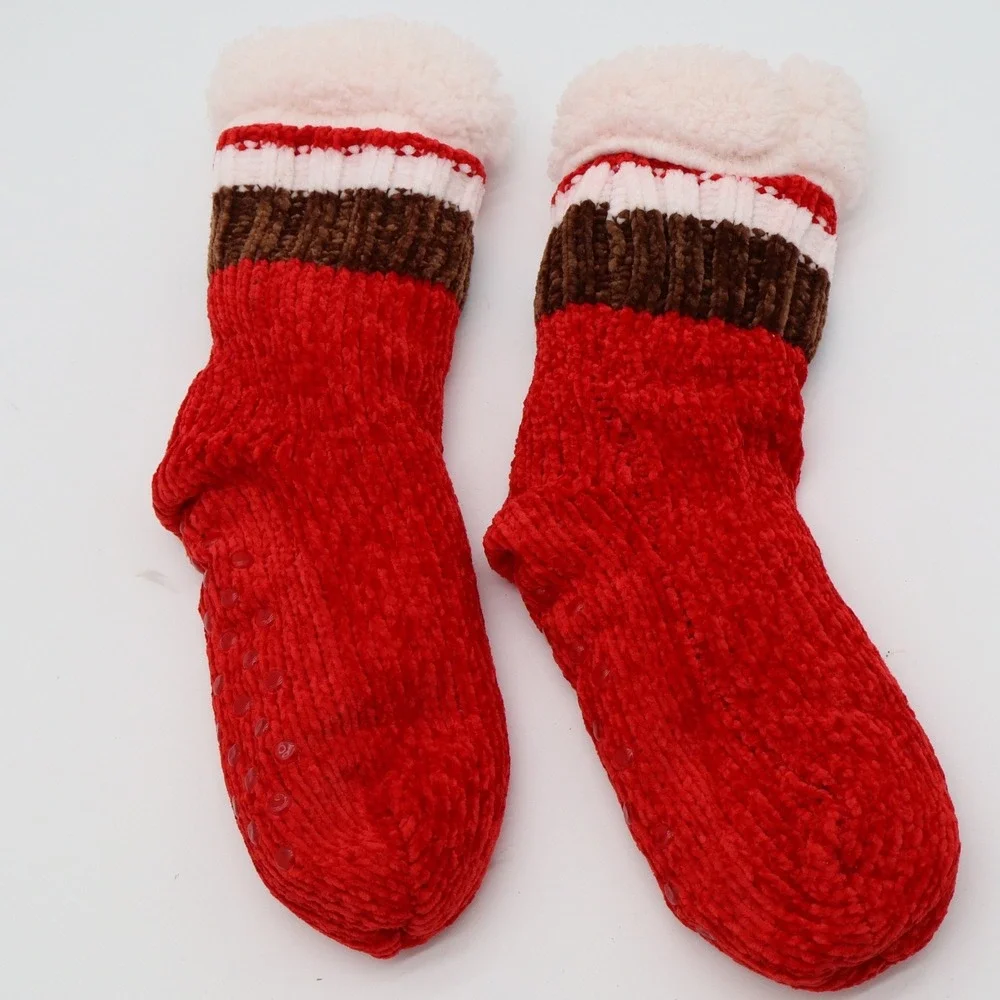 Red Chenille Slipper Socks Faux Fur Lined Non-Slip Gripper One Size Cozy Winter
